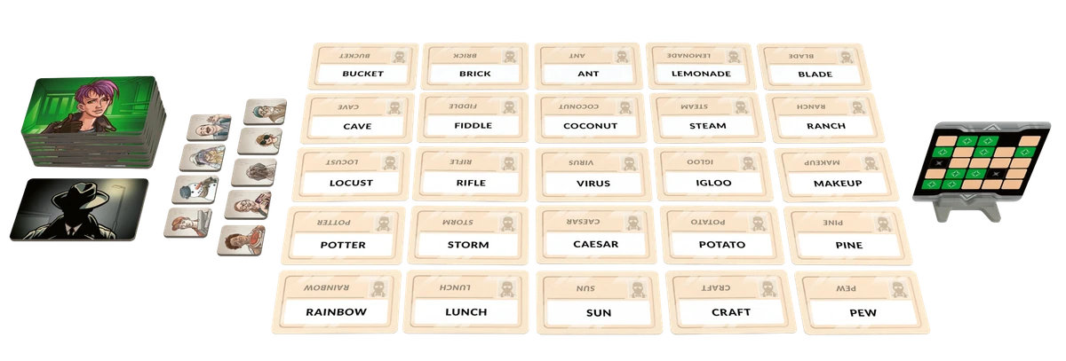 25 englische Wortkarten, Codekarte und Marker von Codenames Duet